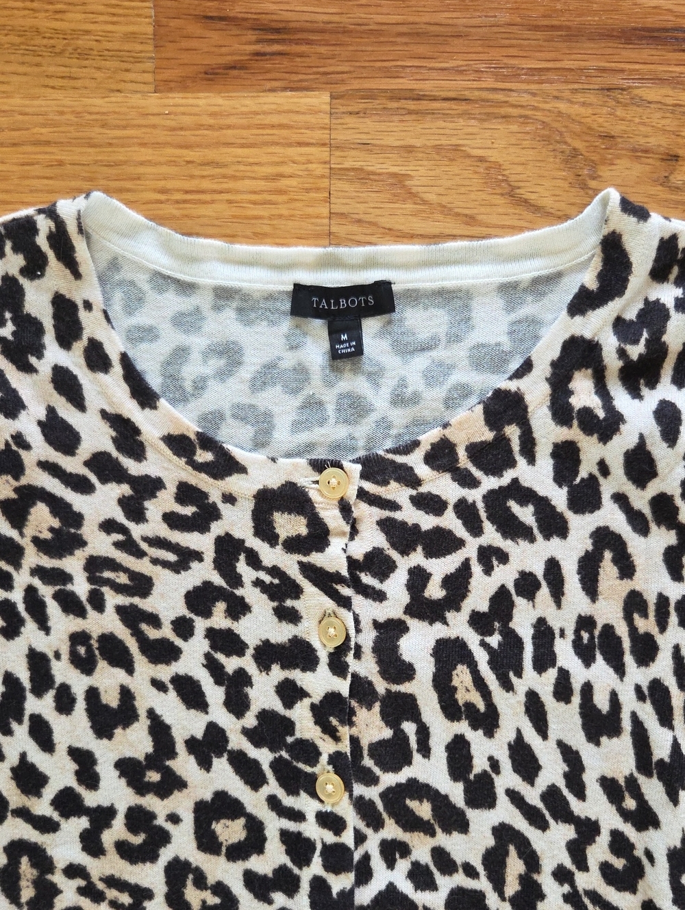 Talbots Black, Brown and White Leopard Print Cotton Cardigan Size Medium